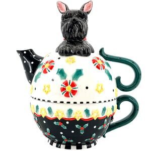Mary Engelbreit Black Scottie Dog Christmas Tea for One Stackable Teapot Cup Set
